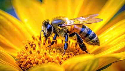 A detailed macro shot captures a honey bee with its striped abdomen and fuzzy body actively foraging on the vibrant yellow center of a flower.