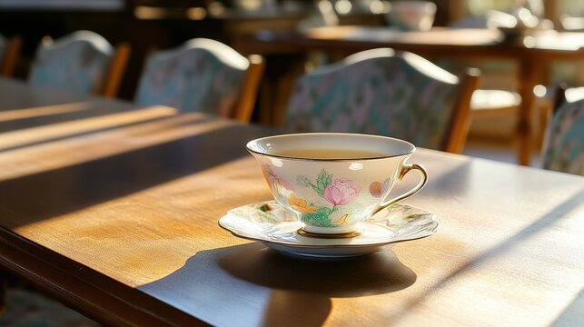 garroted. A tilted teacup on a table edge, tea nearly spilling in the morning light. bar promotions, beverage menus, designed for product packaging and bar promotions, enhances appetite appeal.