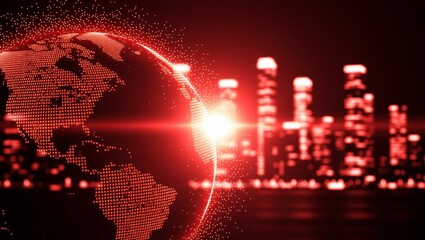 Digital globe with red city skyline at night