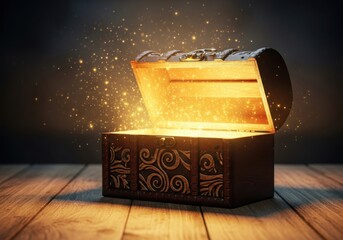 An ancient wooden treasure chest overflowing with glowing golden light and magical particles, symbolizing wealth and discovery