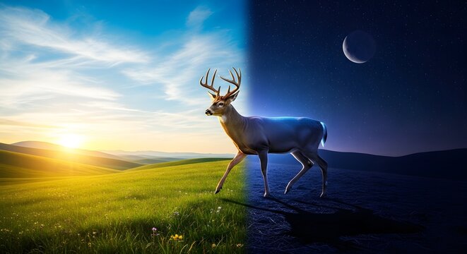 A stunning landscape image split into day and night scenes featuring a majestic deer standing in a grassy field under a bright sky and a starry night with a crescent moon in the background - Powered by Adobe