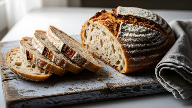 Rustic sourdough bread sliced on a wooden cutting board - Powered by Adobe