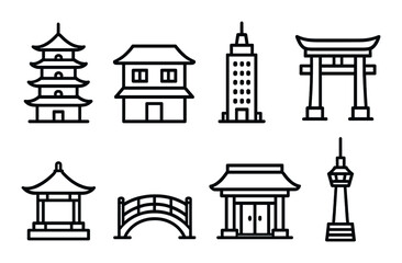 Monochrome icons of traditional and modern japanese architecture