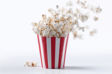 Popcorn flying from striped bucket on white background