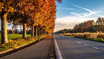 Autumn road with colorful trees and blue sky landscape.