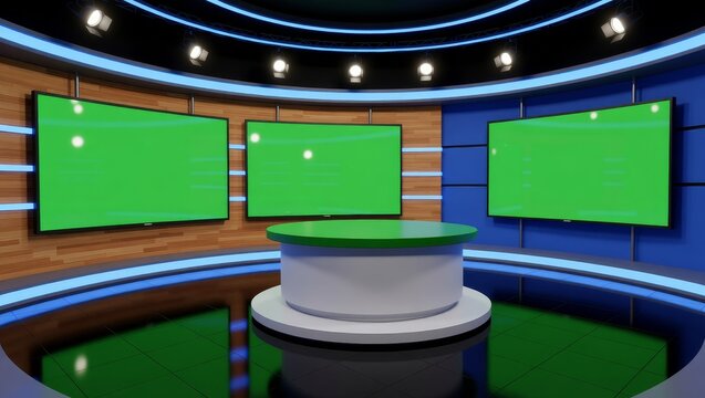 News studio green screen monitors round desk