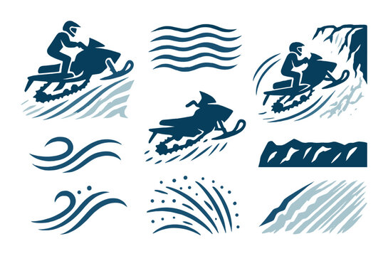 Abstract blue snowmobile silhouettes and wave patterns on dark background