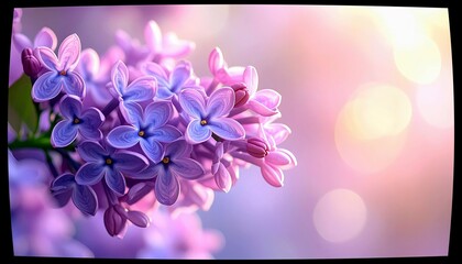 A close-up macro photograph of blooming purple lilac flowers with a soft, out-of-focus background of pink and yellow bokeh lights.