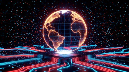 Glowing digital globe on neon circuit platform