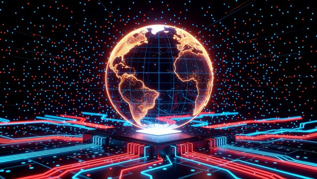 Glowing digital globe on neon circuit platform - Powered by Adobe