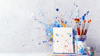A still life composition featuring art supplies like brushes in a jar, a blank canvas, and vibrant paint splatters against a textured white wall.