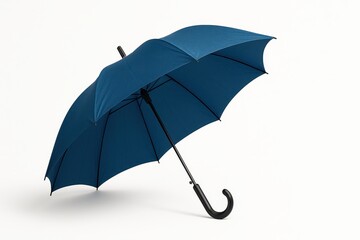 Blue umbrella open on pure white background three quarter high angle showing curved handle and canopy detail for rain weather fashion and branding uses