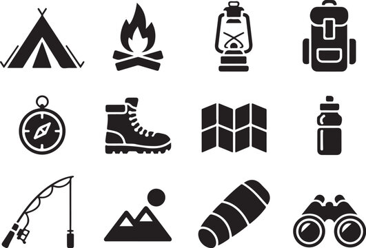 Camping essentials icons for outdoor adventure time