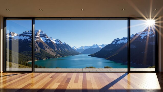 Sunlit mountain lake view through large windows