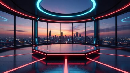 Neonlit futuristic control room overlooking city sunset