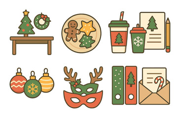 Festive christmas icons featuring tree, decorations, cookies, coffee cups, mask, envelopes