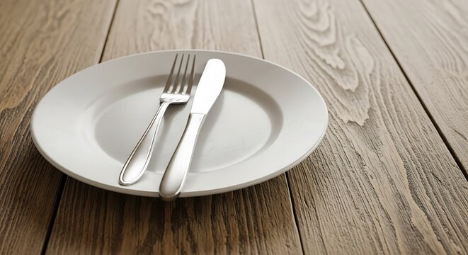 Empty white plate with fork and knife on rustic wooden table. Clean tableware setup for dining or restaurant stock photography - Powered by Adobe