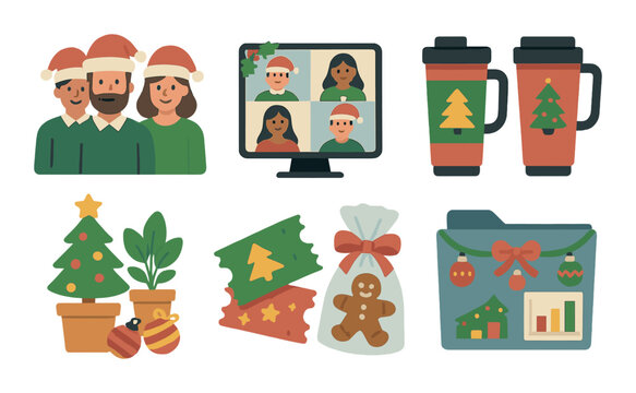 Virtual holiday celebration with festive decorations and treats
