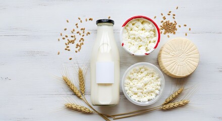 Fresh dairy products including milk, cottage cheese, and Adygei cheese arranged with wheat on a clean white wooden background