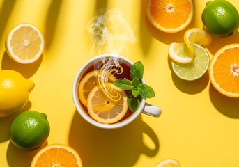 A soothing cup of herbal tea with lemon, honey, and mint on a bright yellow background, promoting a healthy detox concept