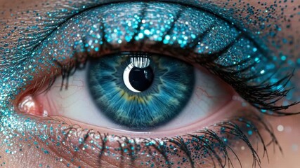 Extreme macro of a beautiful female blue eye with sparkling glitter eyeshadow. Creative artistic makeup for a festive party or glamour fashion look. Cosmetology and vision care concept