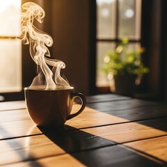 Steaming hot coffee cup on a wooden table with morning sunlight. Cozy breakfast or break time in a warm atmosphere.