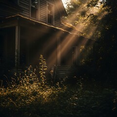 Old abandoned house bathed in sunlight rays. Eerie light beams illuminate rundown rustic home. Mysterious rustic building in nature.