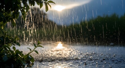 A serene scene of rain falling over a body of water with sunlight peeking through clouds, creating a peaceful and calming natural landscape