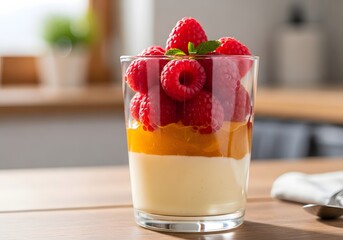 A layered glass dessert featuring creamy pudding, vibrant marmalade, and fresh raspberries, creating a colorful and tempting sweet treat.
