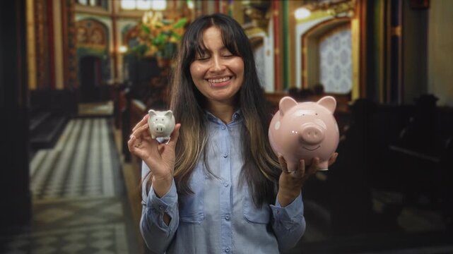Young brunette latina woman holding a small white and a large pink piggybank with both hands inside a catholic church interior; charity savings.