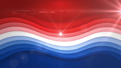 Dynamic abstract patriotic background with vibrant red, white, and blue flowing waves and glowing light effects, ideal for national celebrations and inspiring unity