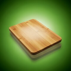 A clean, rectangular wooden cutting board with smooth edges placed on a vibrant green background, highlighting its natural wood grain and craftsmanship