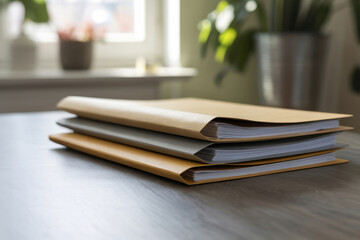 Folders with papers are lying on the desk in the office.