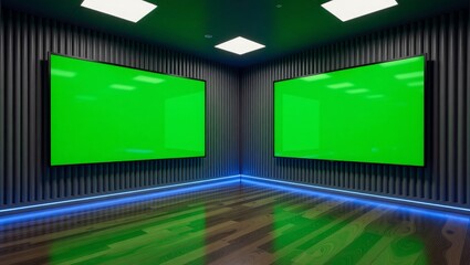 Dual green screen studio with blue lighting