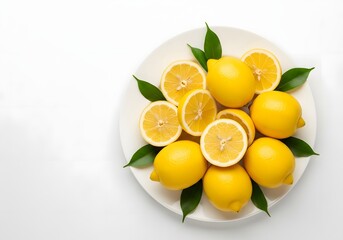 Freshly cut lemons and whole lemons arranged on a round plate, isolated on white background, perfect for healthy eating theme