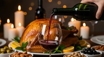 Hand pouring red wine into a glass during a holiday dinner with a roasted turkey centerpiece and flickering candles.