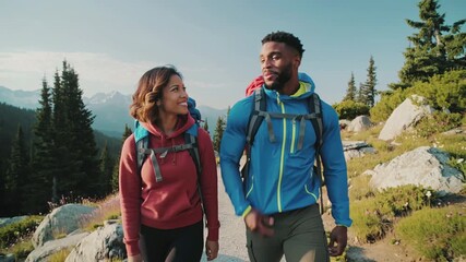 Young adults hiking on a mountain trail at golden hour, smiling couple walking with backpacks in alpine landscape for travel lifestyle, fitness and outdoor adventure inspiration - Powered by Adobe