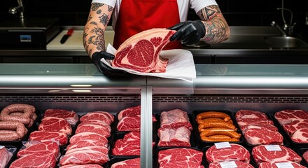 Butcher with tattooed arms presenting a large prime rib roast over a refrigerated display of raw meat.