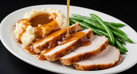 Gravy being poured over slices of roasted meat served with mashed potatoes and green beans on a white plate.