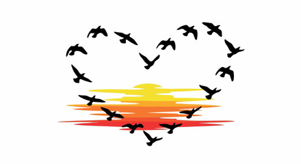 Birds flying in heart shape over sunset