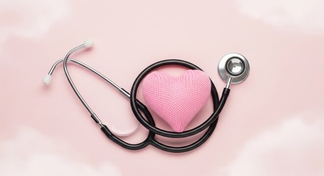 Stethoscope and pink knitted heart stethoscope,nubes,health care,medicals,threaded,pink,symbol,knit up,concept,idea,simple,nobody