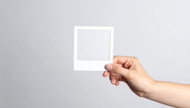 A hand holding a white photo frame against a neutral background emphasizing simplicity