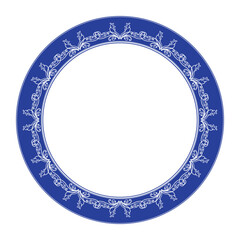 Classic circular ornamental frame in rich blue with an intricate white filigree pattern of floral and swirling motifs. Round decorative frame with arabesques. Template for laser cutting. Refined aesth