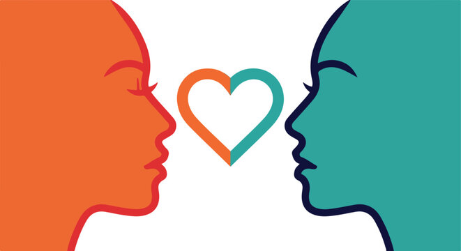 Two faces with heart symbol representing love and connection
