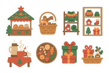 Festive market stall with christmas treats, gifts, and cozy winter clothing