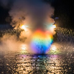 Colorful water explosion with rainbow reflections and mist at night creating a vibrant and dynamic scene on a calm water surface