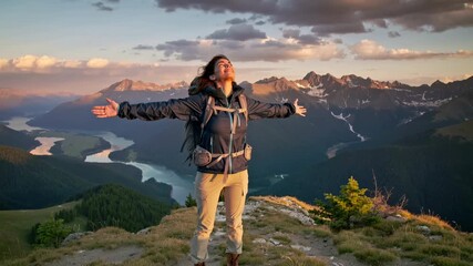 Female hiker spreading arms on mountain summit at golden hour, joyful travel adventure and outdoor freedom with scenic alpine lake and snowcapped peaks in summer