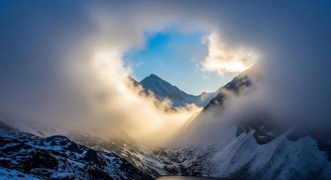 Majestic snow-capped mountains partially obscured by clouds under a bright sky with sunlight breaking through during daytime