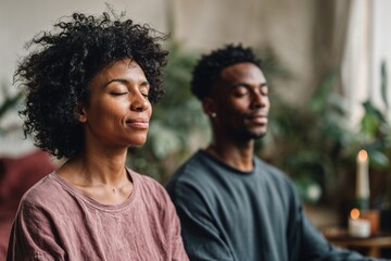 Man and woman meditating calmly in cozy indoor space