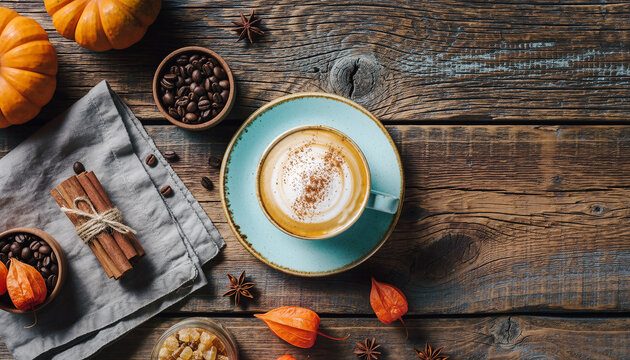 Autumnal coffee flat lay with pumpkins cinnamon sticks and coffee beans on wood coffee, latte, cappuccino - Powered by Adobe